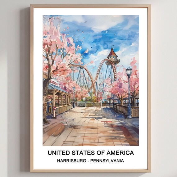 Harrisburg Pennsylvania Roller Coaster Cherry Blossom Travel Poster