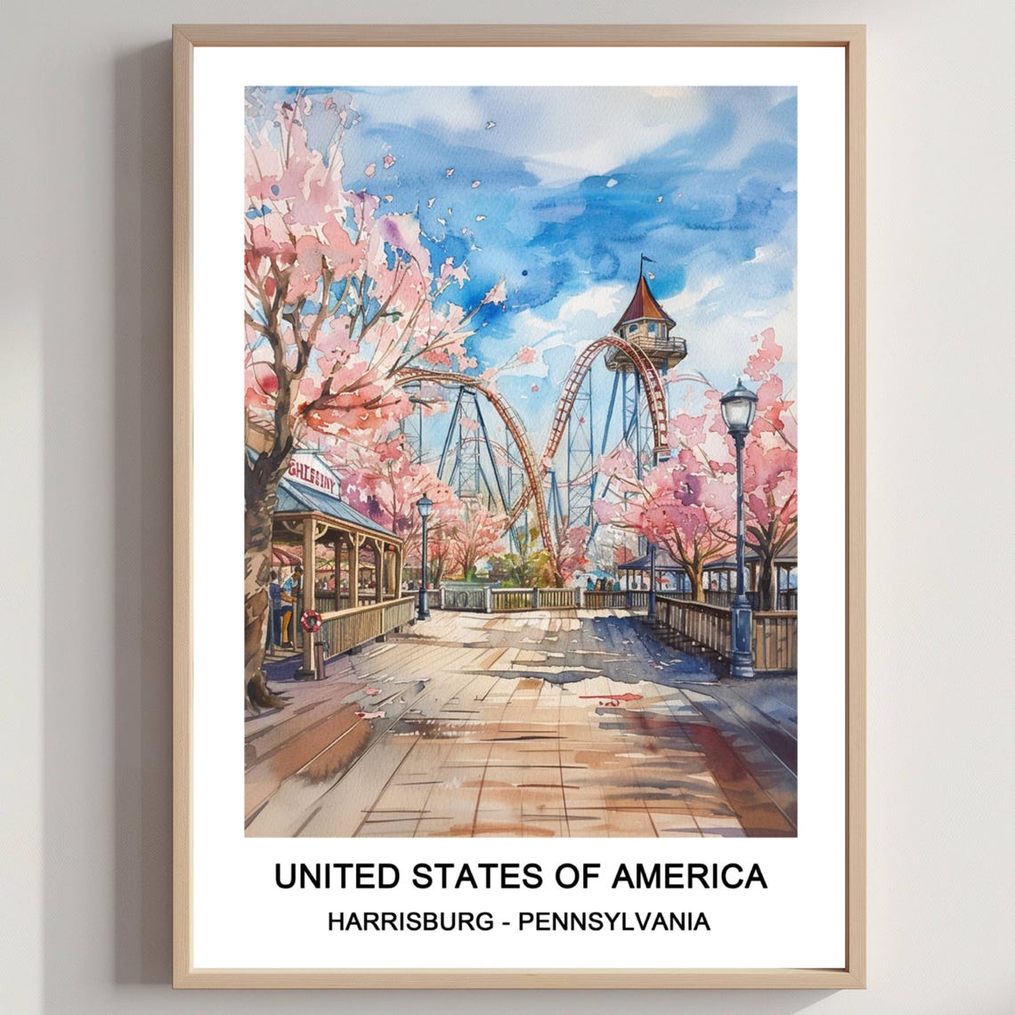 Harrisburg Pennsylvania Roller Coaster Cherry Blossom Travel Poster