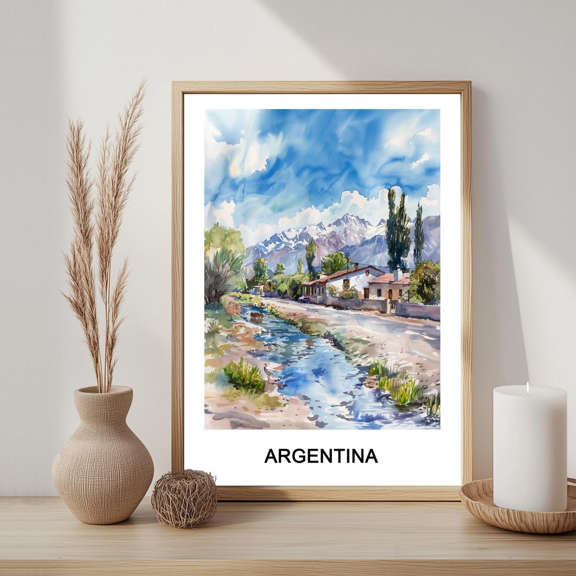 Argentina Mountain Village Watercolor Creek Valley Art Poster