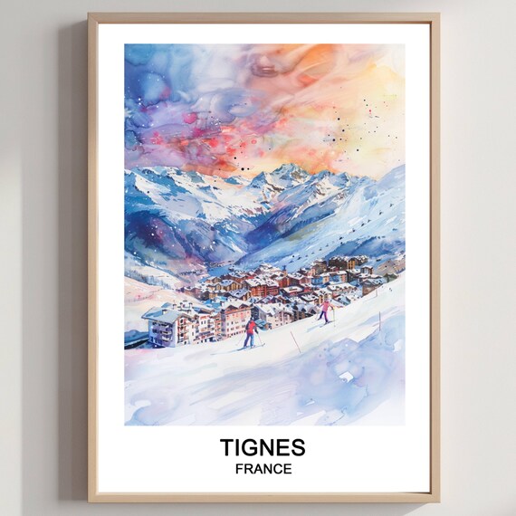 Tignes France Ski Resort Watercolor Alpine Winter Village Poster