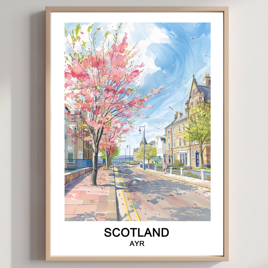 Scotland Ayr Cherry Blossom Street Watercolor Travel Poster Art