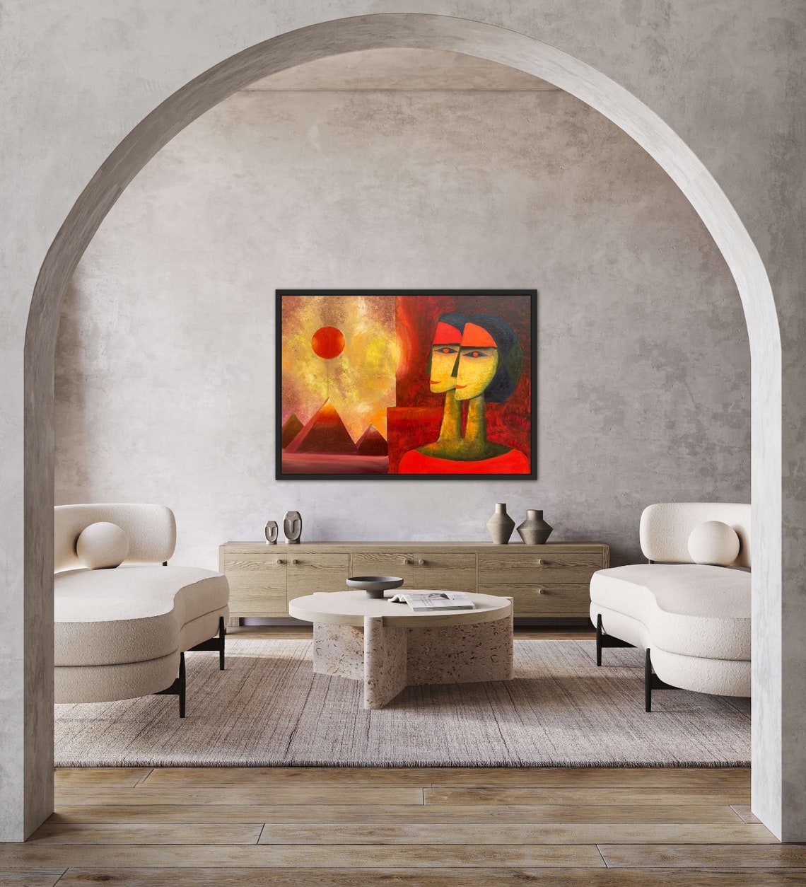 Mystic Red Sun Over Pyramids Abstract Desert Faces Painting Poster - Image 4
