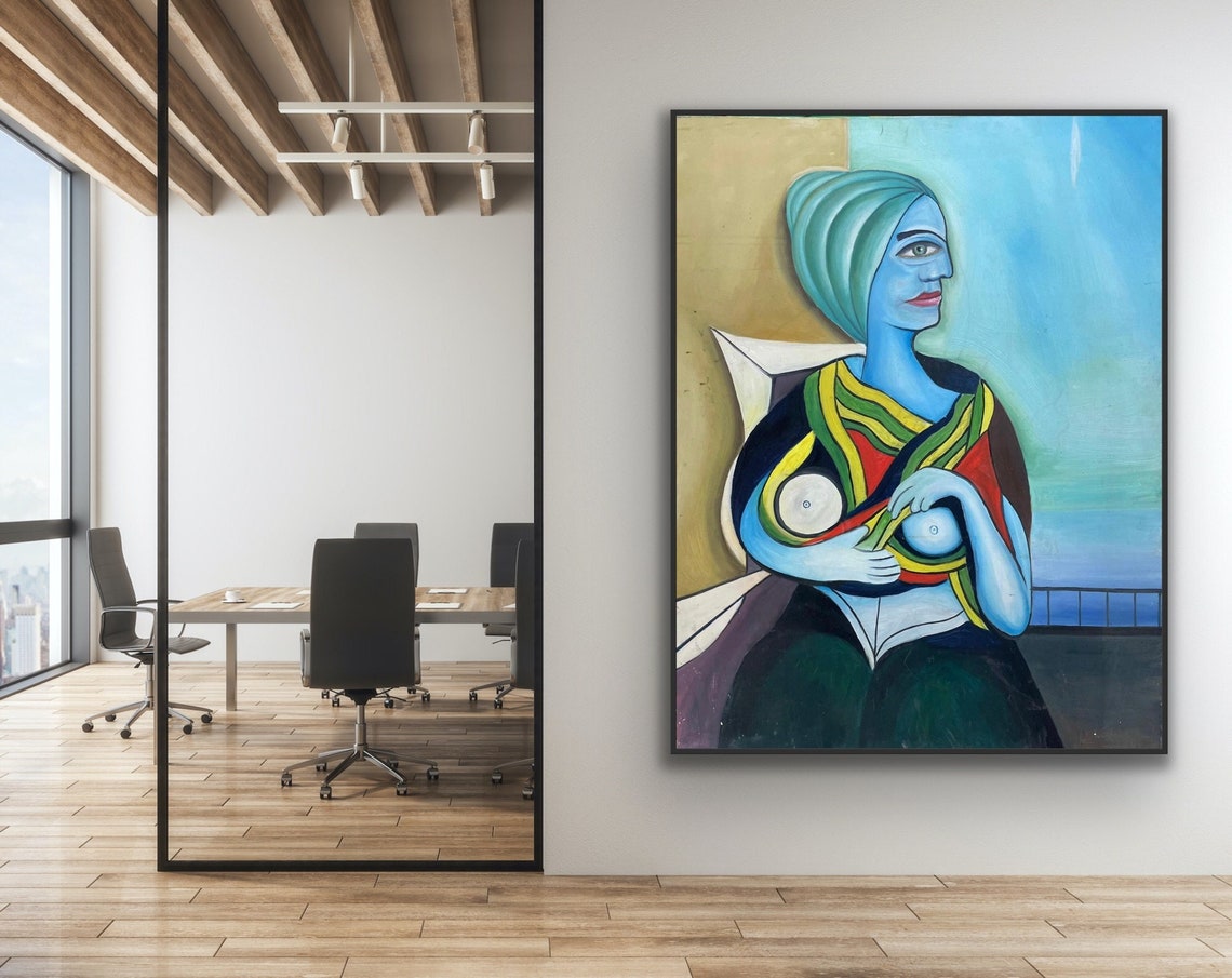 Modern Blue Cubist Woman with Colorful Draped Fabric Art Poster
