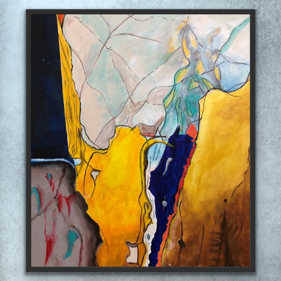 Bold Gold and Navy Fissured Abstract Painting Modern Art Poster - Image 2