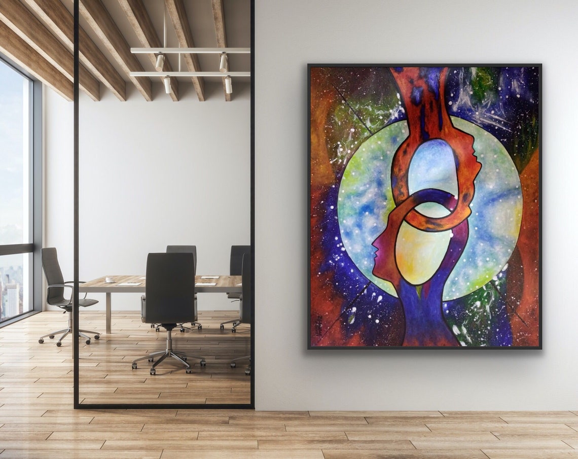 Vivid Intertwined Face Profiles Cosmic Moon Abstract Art Poster
