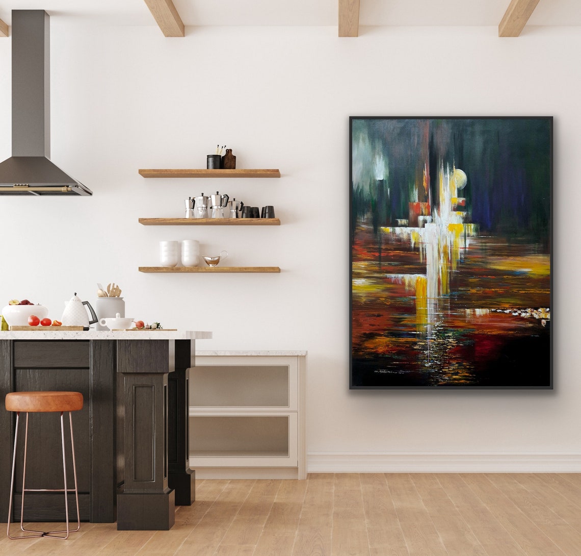 Moody Dark Abstract with Golden Forms and Red Reflections Poster