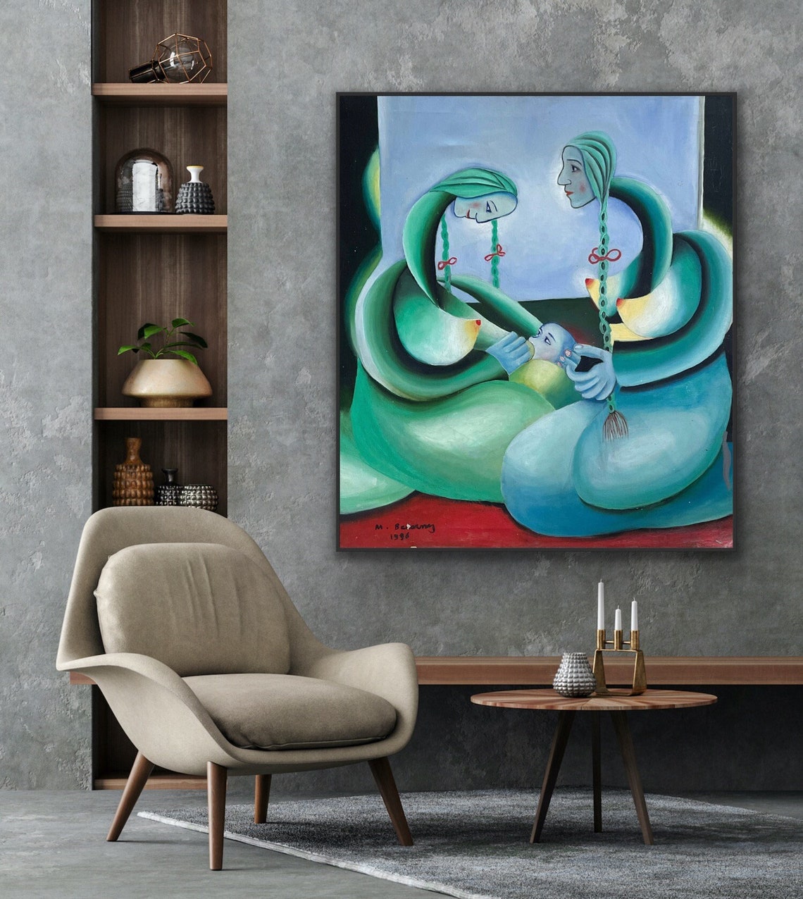 Tender Two Green Figures Mother Child Surreal 1998 Art Poster
