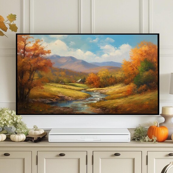 Autumn Stream in Golden Mountain Valley Fall Landscape Art Poster