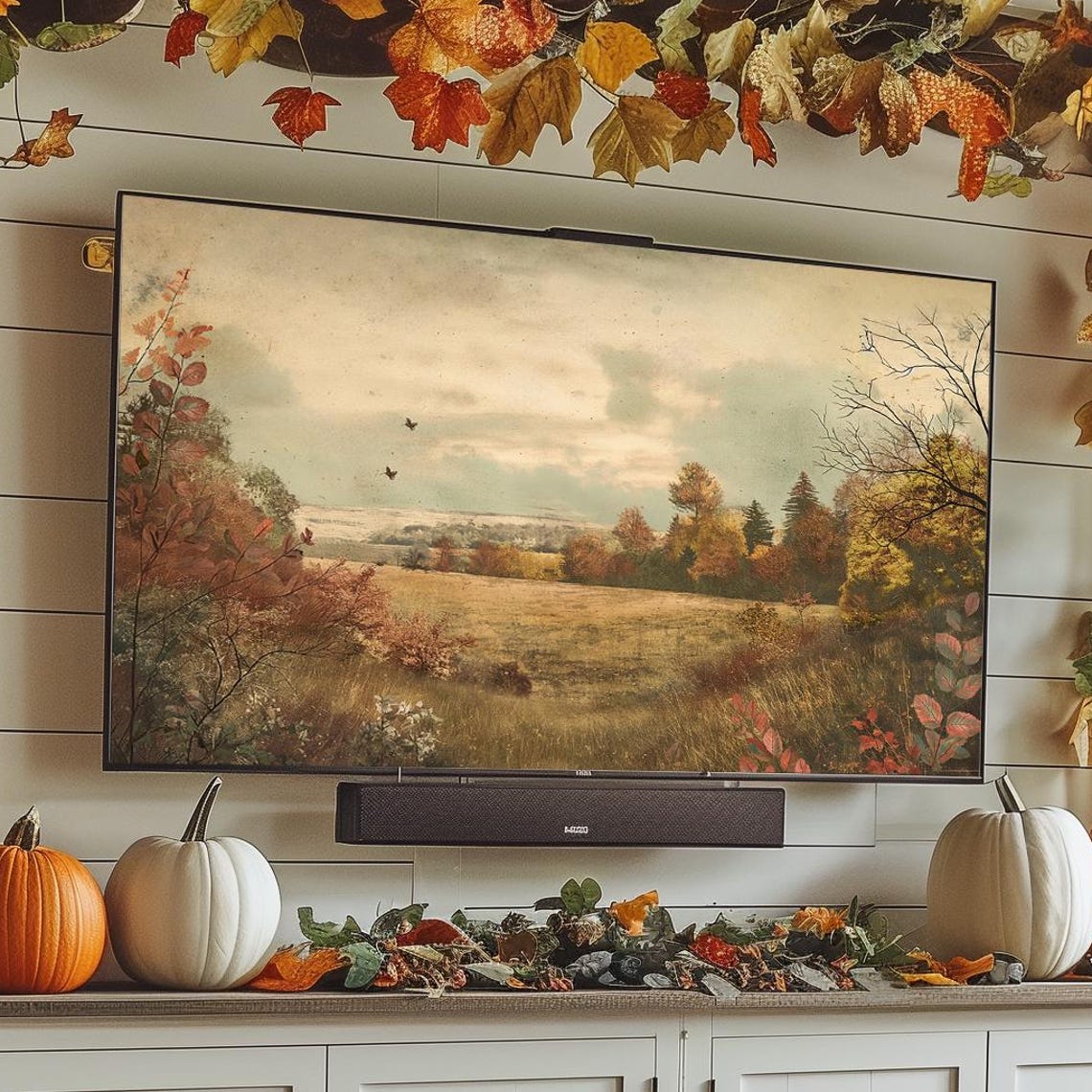 Vintage Autumn Meadow Landscape With Birds Rustic Fall Poster