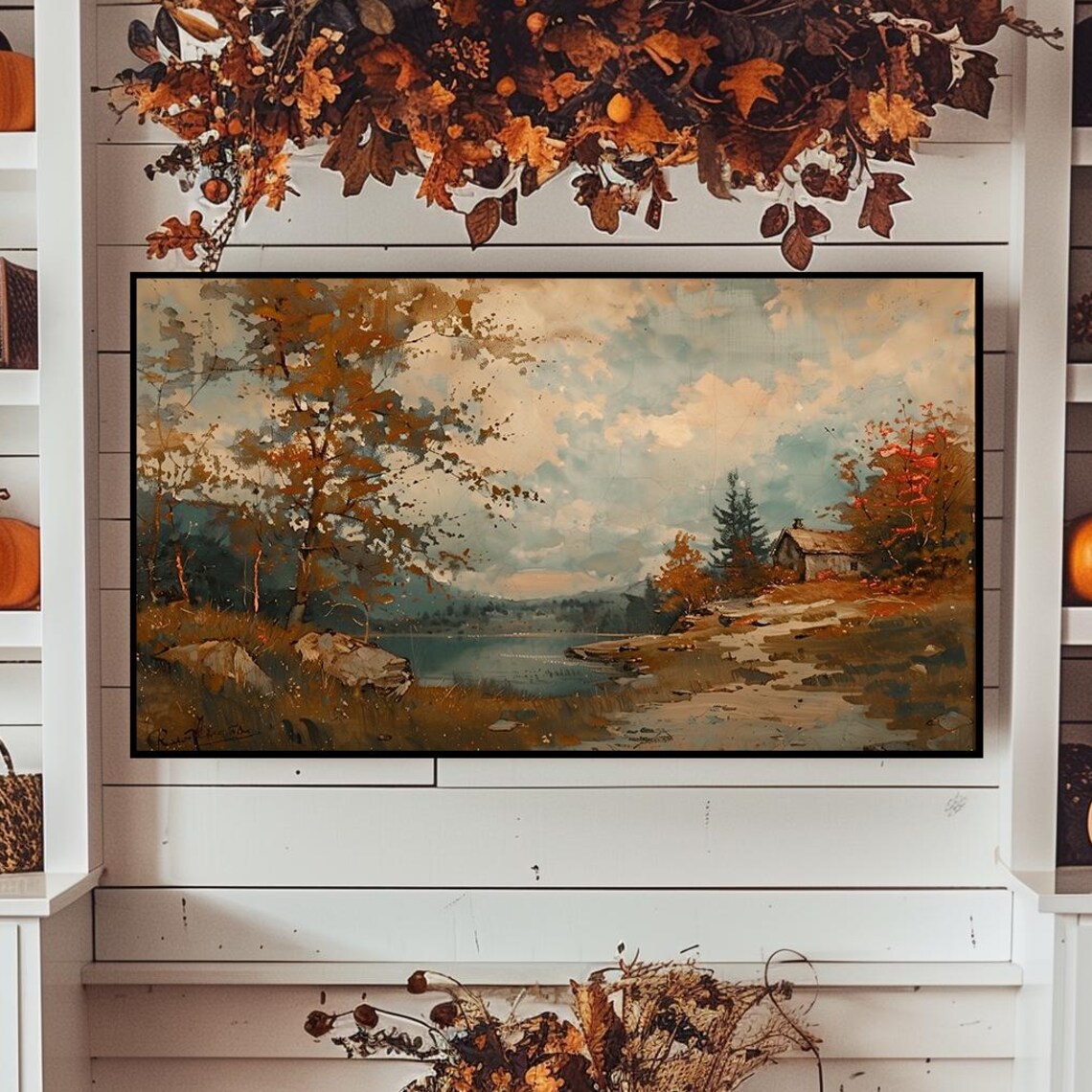 Lakeside Cabin in Autumn Vintage Fall Landscape Painting Poster