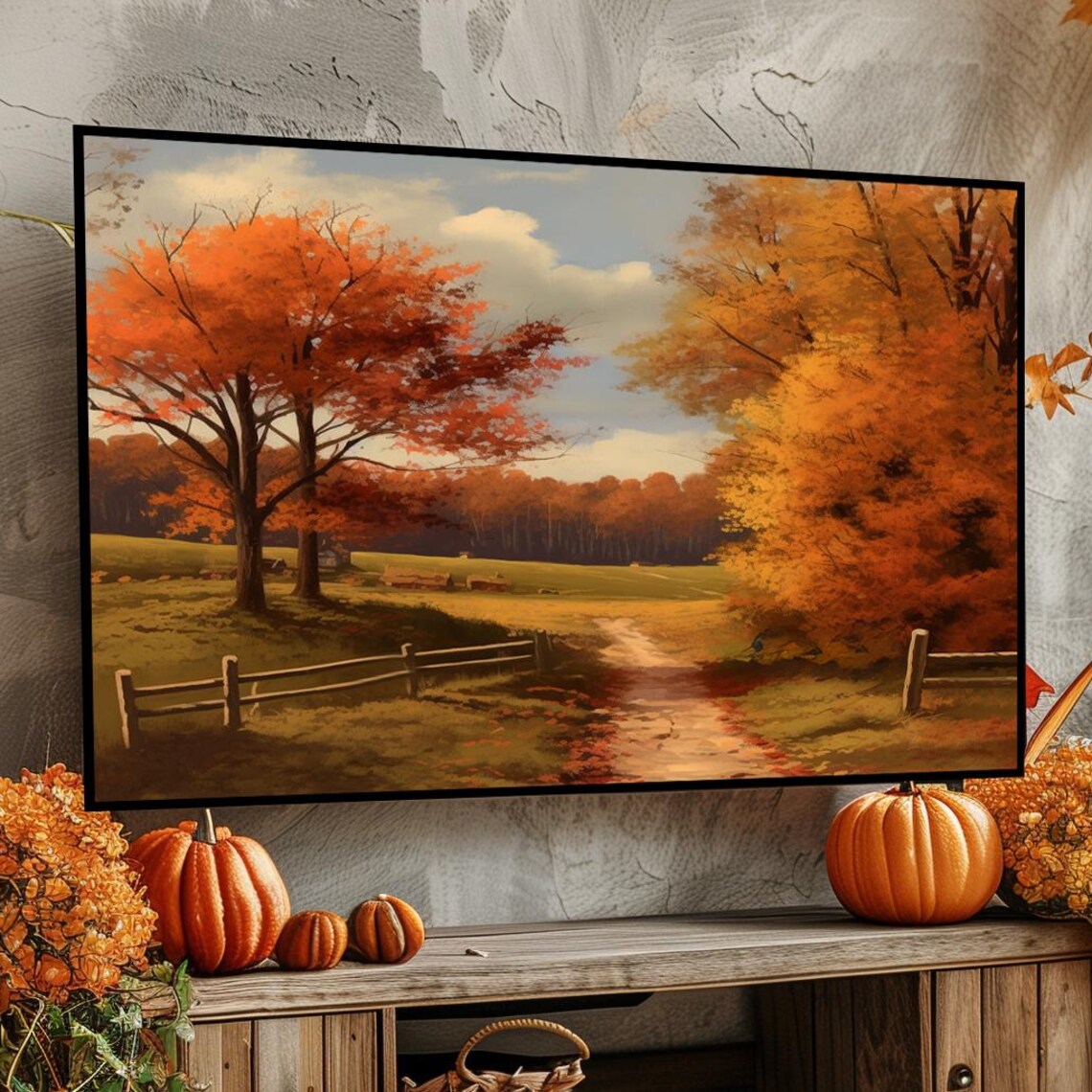 Autumn Country Lane With Orange Trees and Rustic Fence Fall Poster