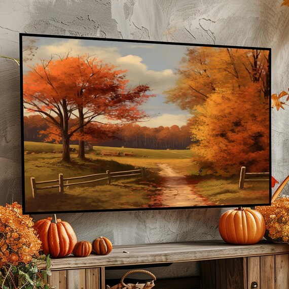 Autumn Country Lane With Orange Trees and Rustic Fence Fall Poster