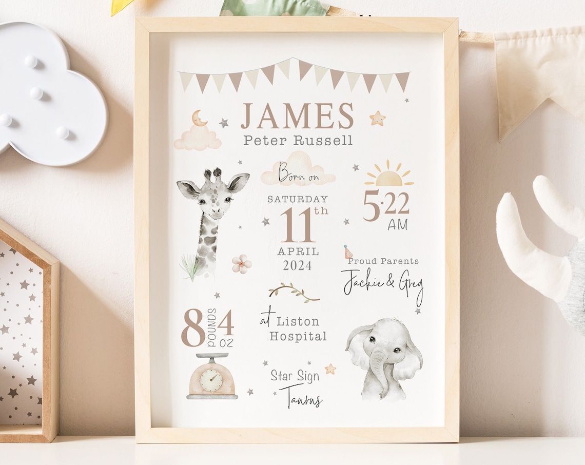 New Baby Personalized Birth Details Keepsake Print