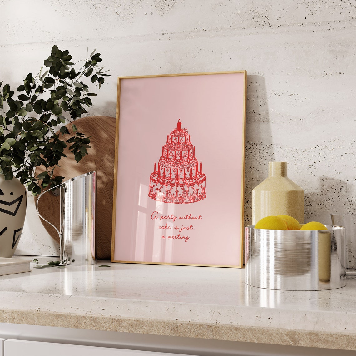 A Party Without Cake Is Just A Meeting Quote Print Kitchen Wall Art Pink Dining Room Decor - Image 3