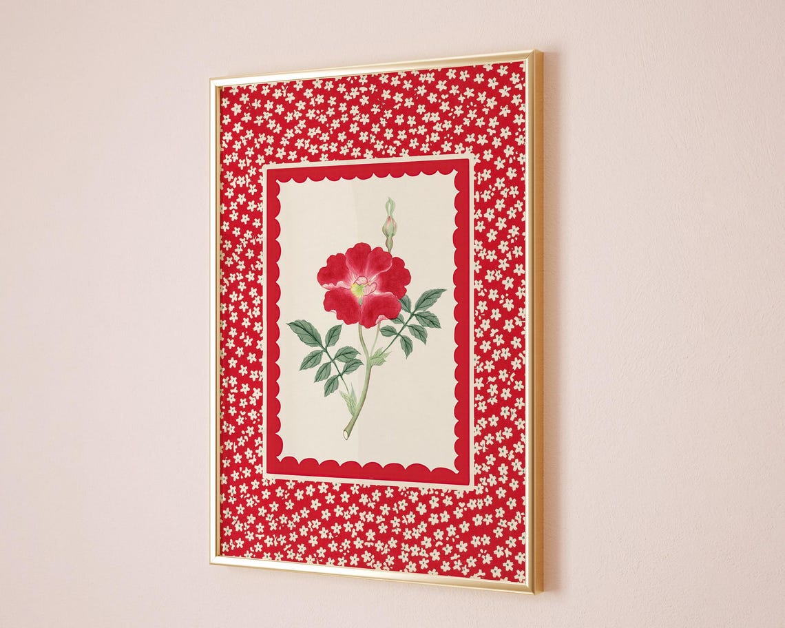Vintage Red Primrose Botanical Illustration Floral Patterned Poster - Image 2