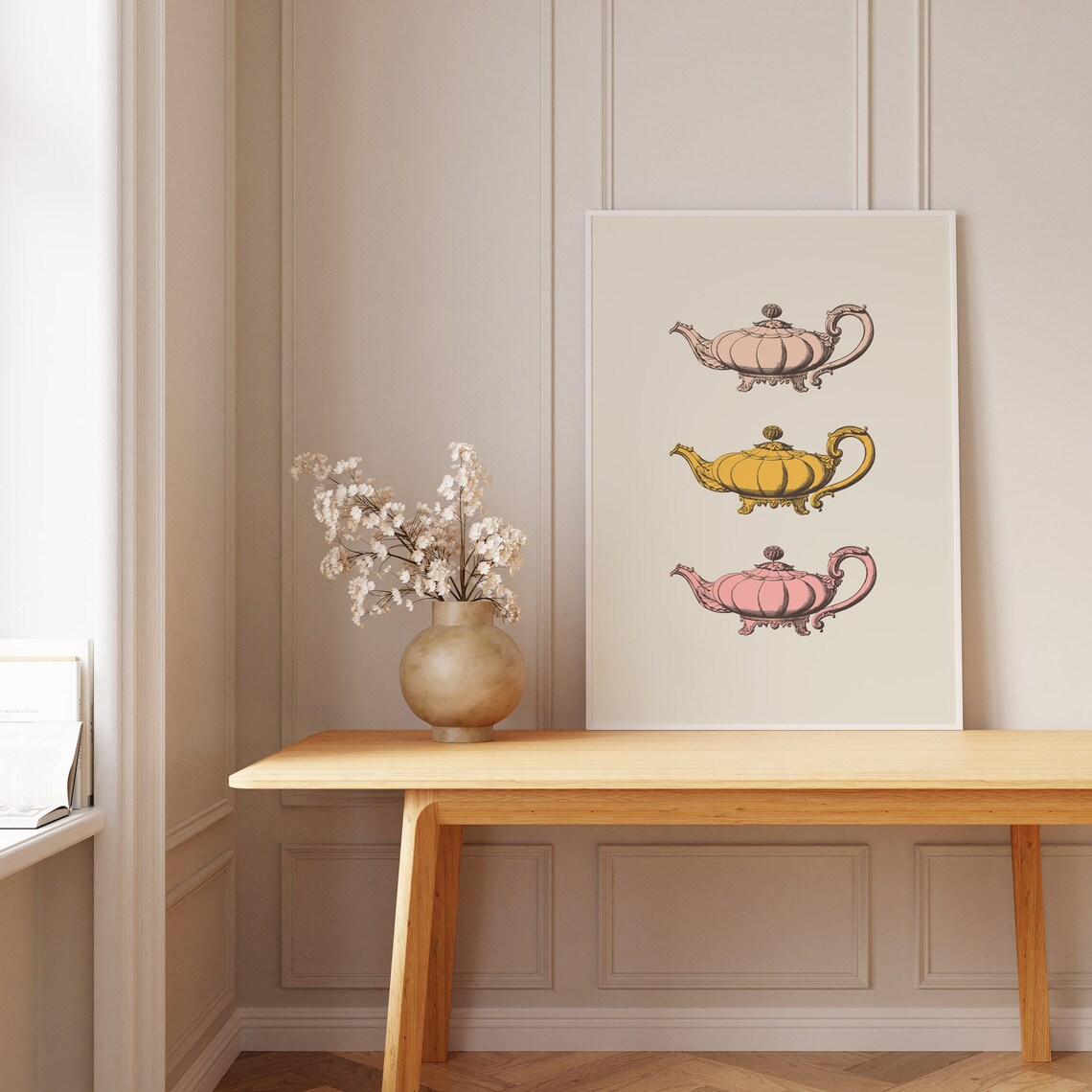 Pastel Pink Teapot Trio Vintage Engraving Minimalist Kitchen Print - Image 2