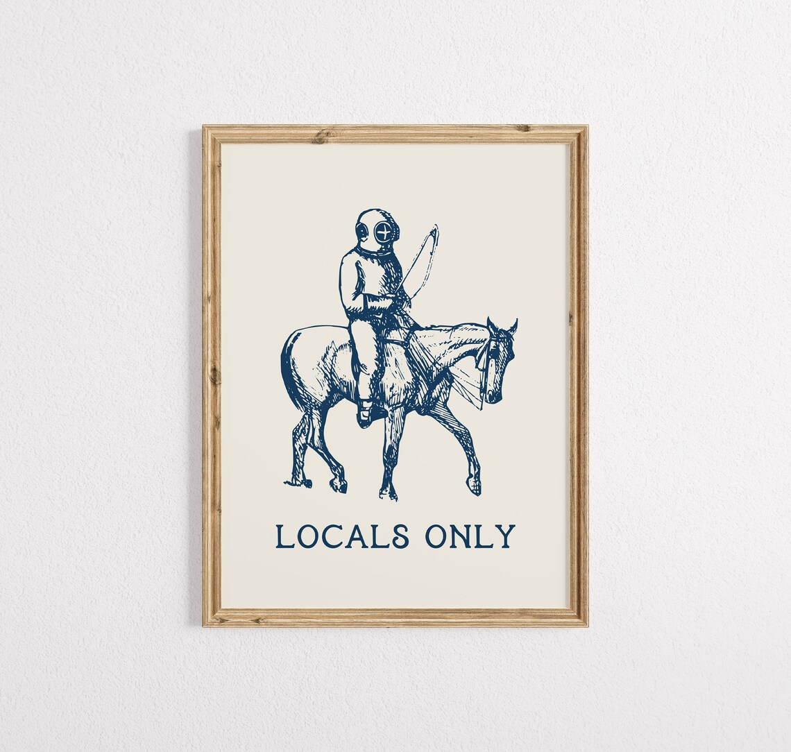 Locals Only Diver Riding Horse Navy Vintage Coastal Humor Print - Image 2