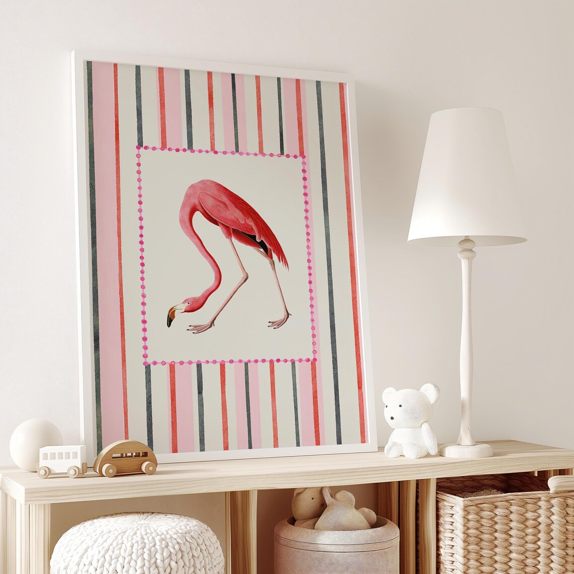 Vintage Flamingo Illustration Striped Retro Background Nursery Poster - Image 3
