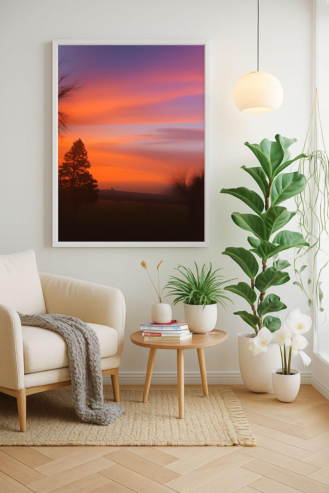 Vibrant Sunset Sky Gradient Dark Field Tree Silhouette Photo Poster