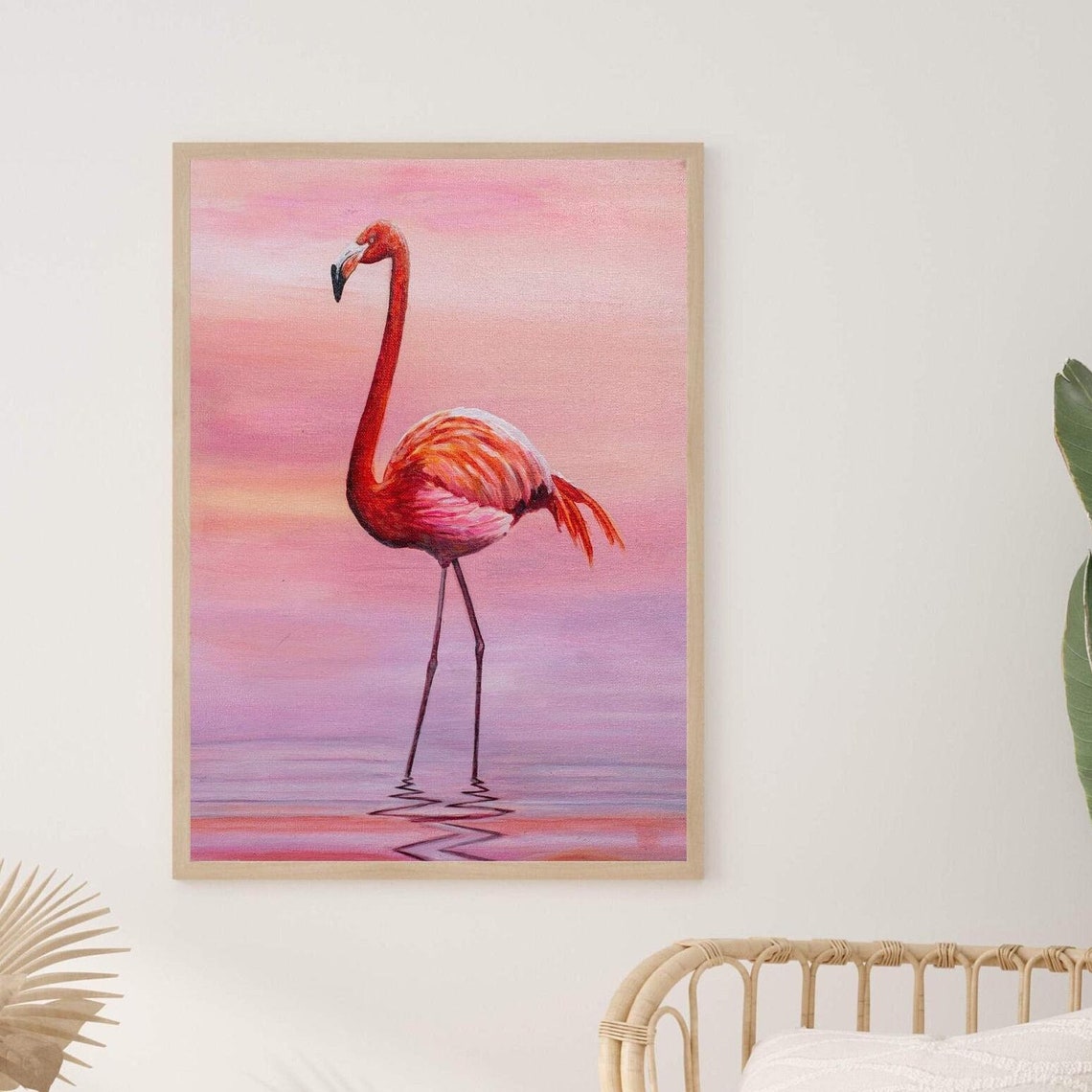 Pink Flamingo Standing Water Sunset Pink Sky Bird Art Poster