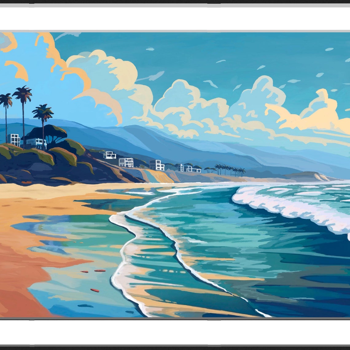 Beach Day Waves Sand Palms Puffy Clouds Coastal Seascape Poster