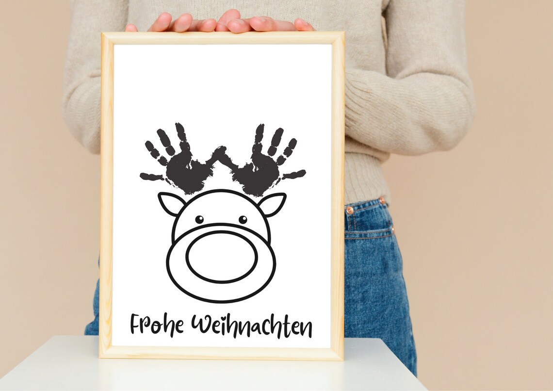 Merry Christmas Moose Handprint Antlers Minimalist Holiday Art Poster - Image 2