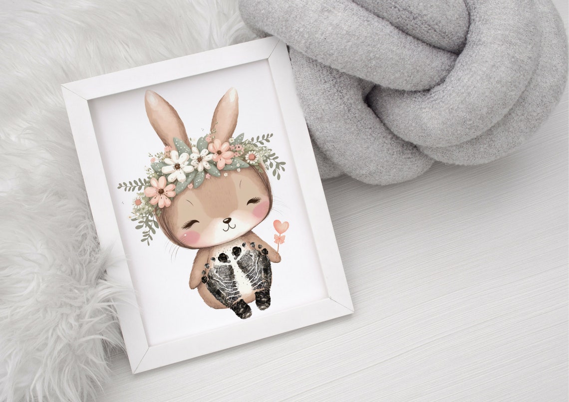 Smiling Bunny With Flower Crown Heart Balloon Footprint Poster - Image 2