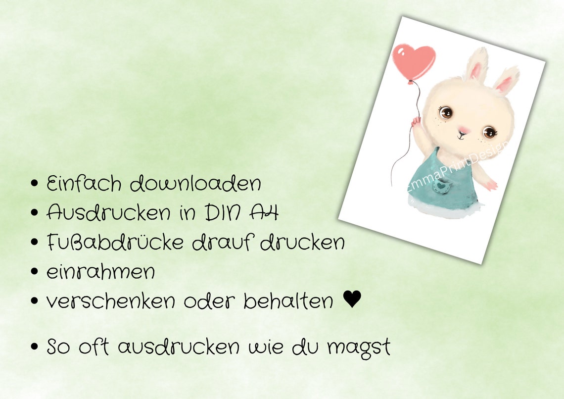 Bunny In Overalls With Heart Balloon Footprint Nursery Poster - Image 4
