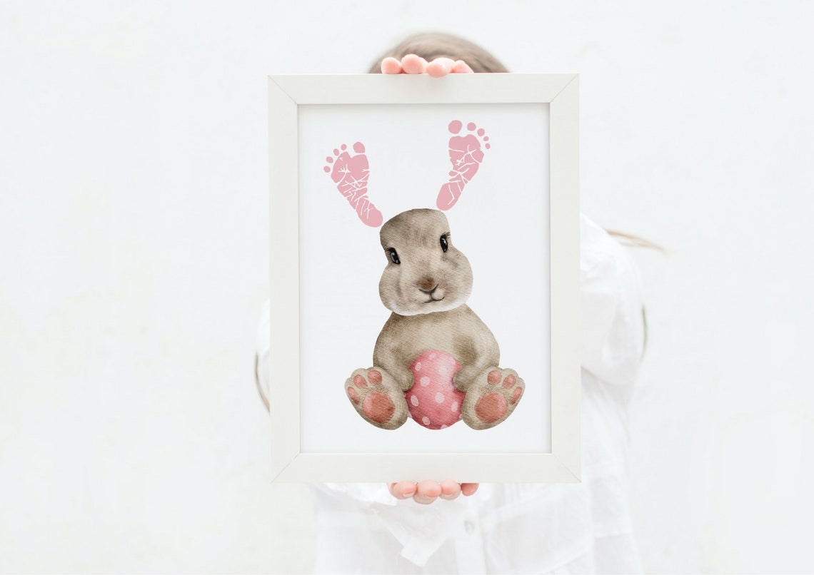 Watercolor Easter Bunny Pink Footprint Ears Egg Nursery Art Poster - Image 2