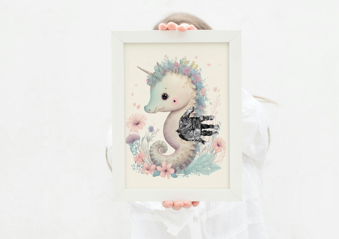 Unicorn Seahorse With Flower Crown Handprint Keepsake Poster - Image 3