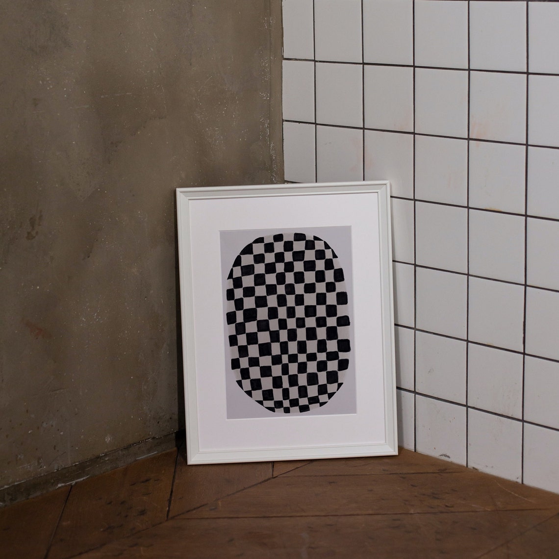 Scandi Modern Checkered Oval Art Print, Black and White - Image 2