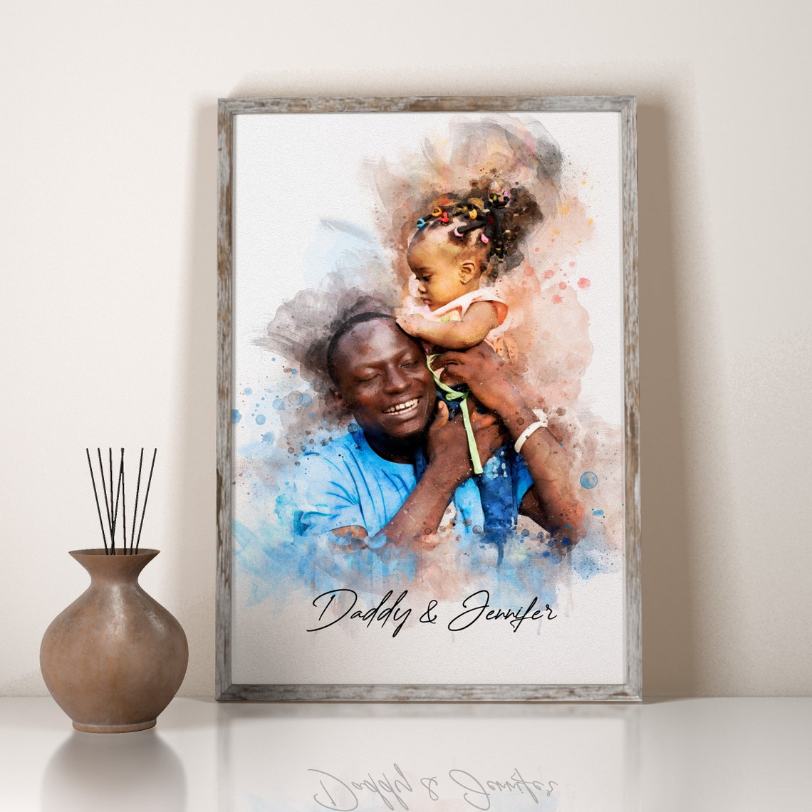 Fathers Day Gifts From Wife Daughter Mom Dad Gift Father Birthday Gift Watercolor Father Daughter Portrait Family Painting Gift For Him - Image 4