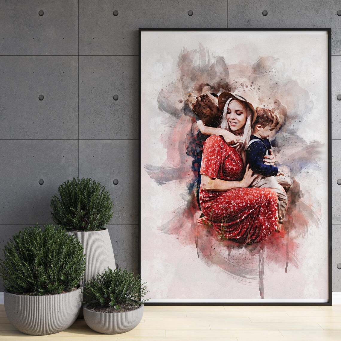 Mother in Red Dress Hugging Two Children Watercolour Family Poster