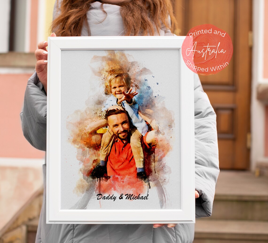 Watercolor Father Child Shoulder Ride Portrait Fatherhood Poster
