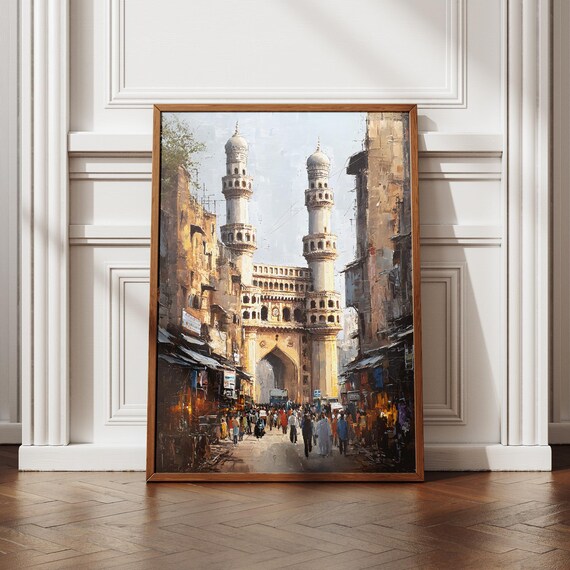 Hyderabad Charminar Art Impressionist Cityscape Painting Historic Market Street Telangana Landmark Print