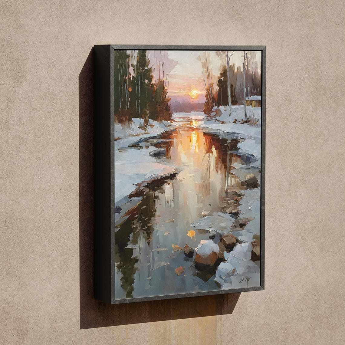 Winter Snowy Stream Sunset Reflections Impressionist Art Poster