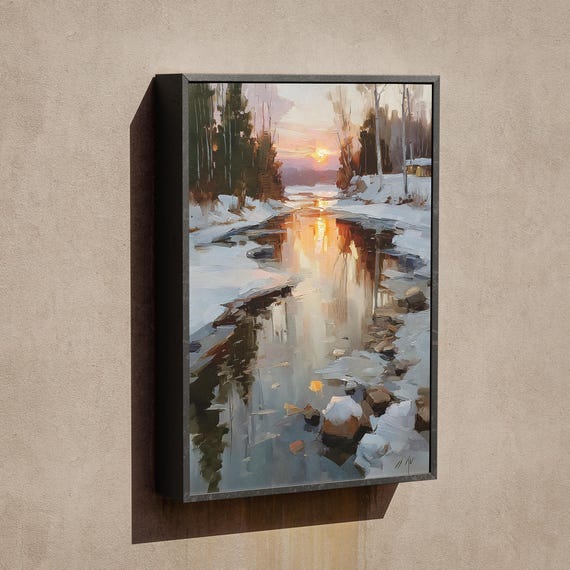 Winter Landscape Wall Art Print Snowy Stream Sunset Painting Cozy Home Decor