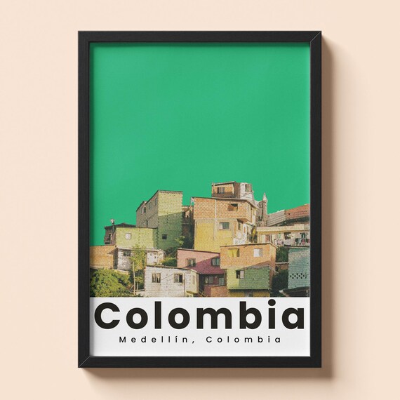 Colombia Medellin Colorful Houses Green Background Travel Poster