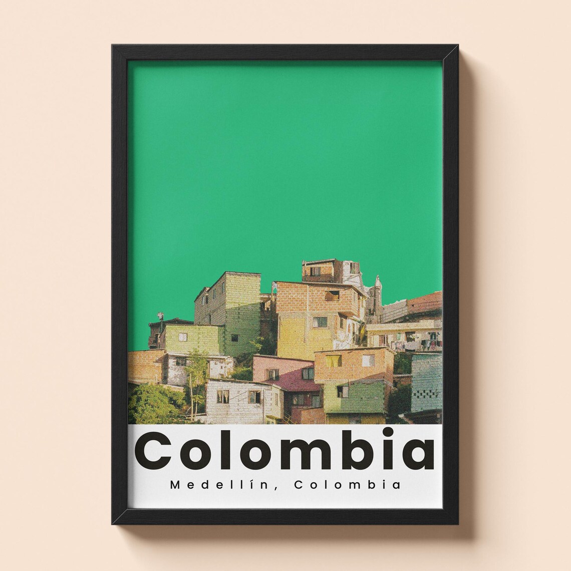 Colombia Medellin Colorful Houses Green Background Travel Poster