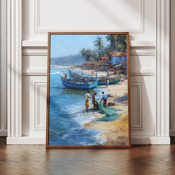 Goa Fishing Village Art Beach Scene Painting Traditional Boats Fishermen Tropical Coastal Wall Decor