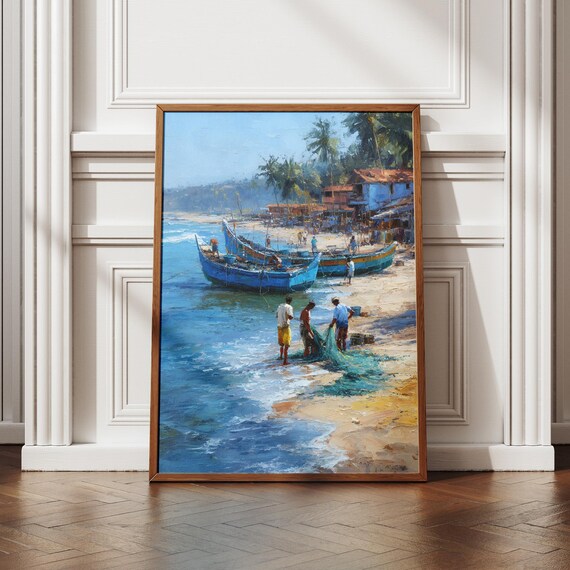 Goa Fishing Village Fishermen Nets Colorful Boats Beach Scene Painting Poster