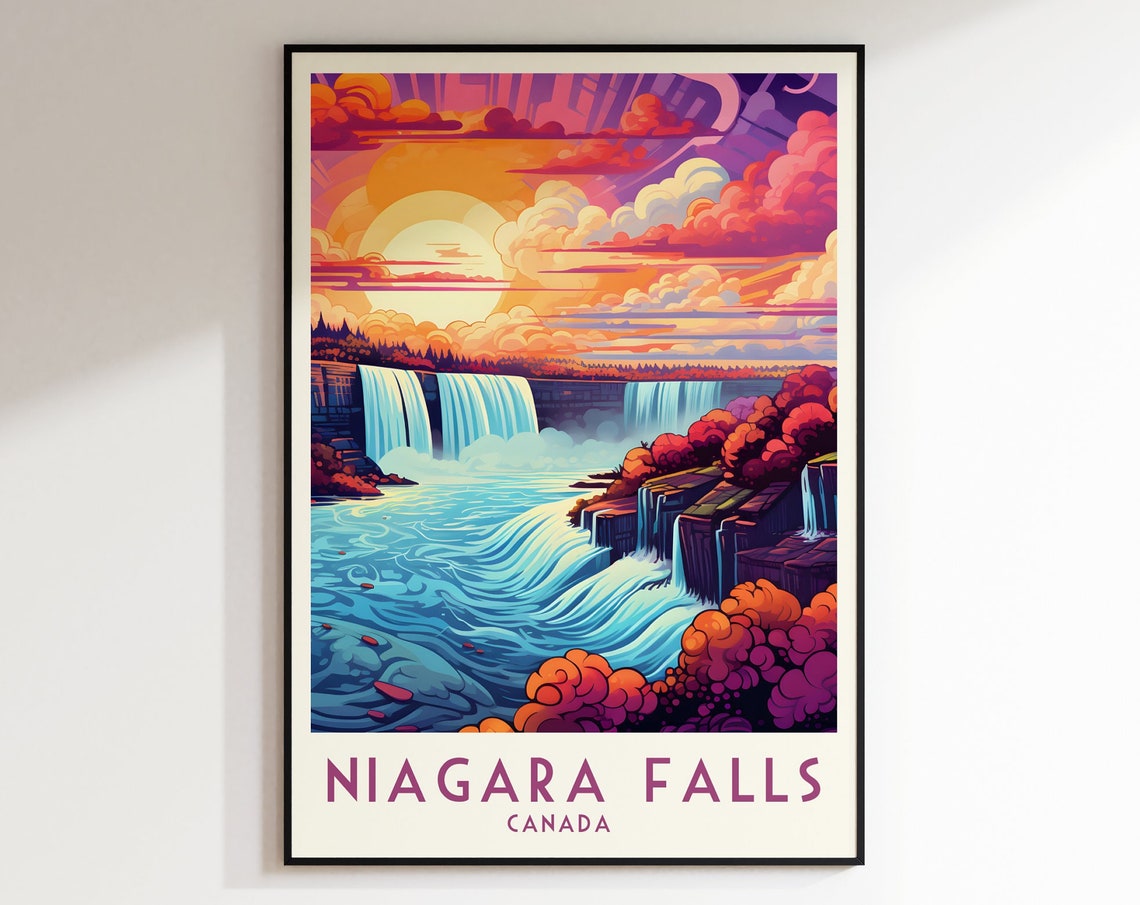 Niagara Falls Sunset Waterfall Rainbow Mist Vintage Travel Poster