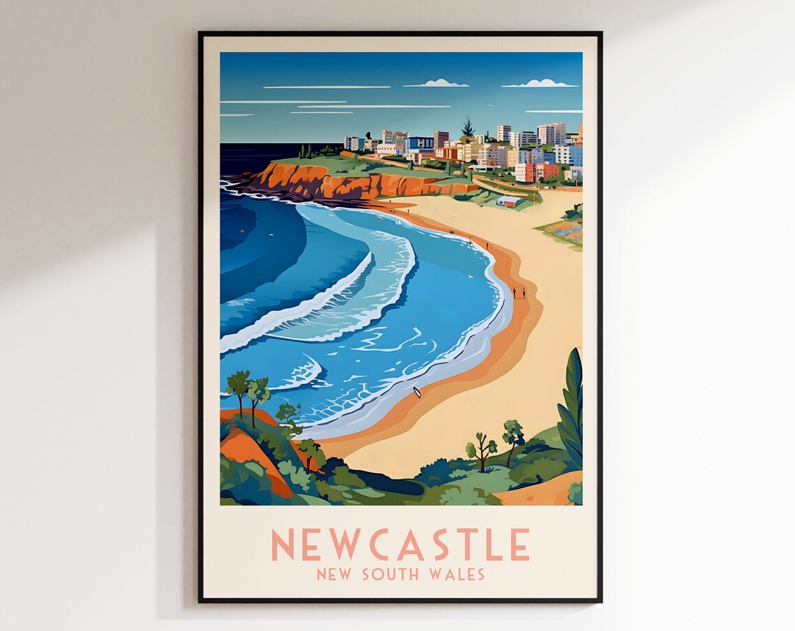 Newcastle New South Wales Coastal Beach Surf Retro Travel Poster