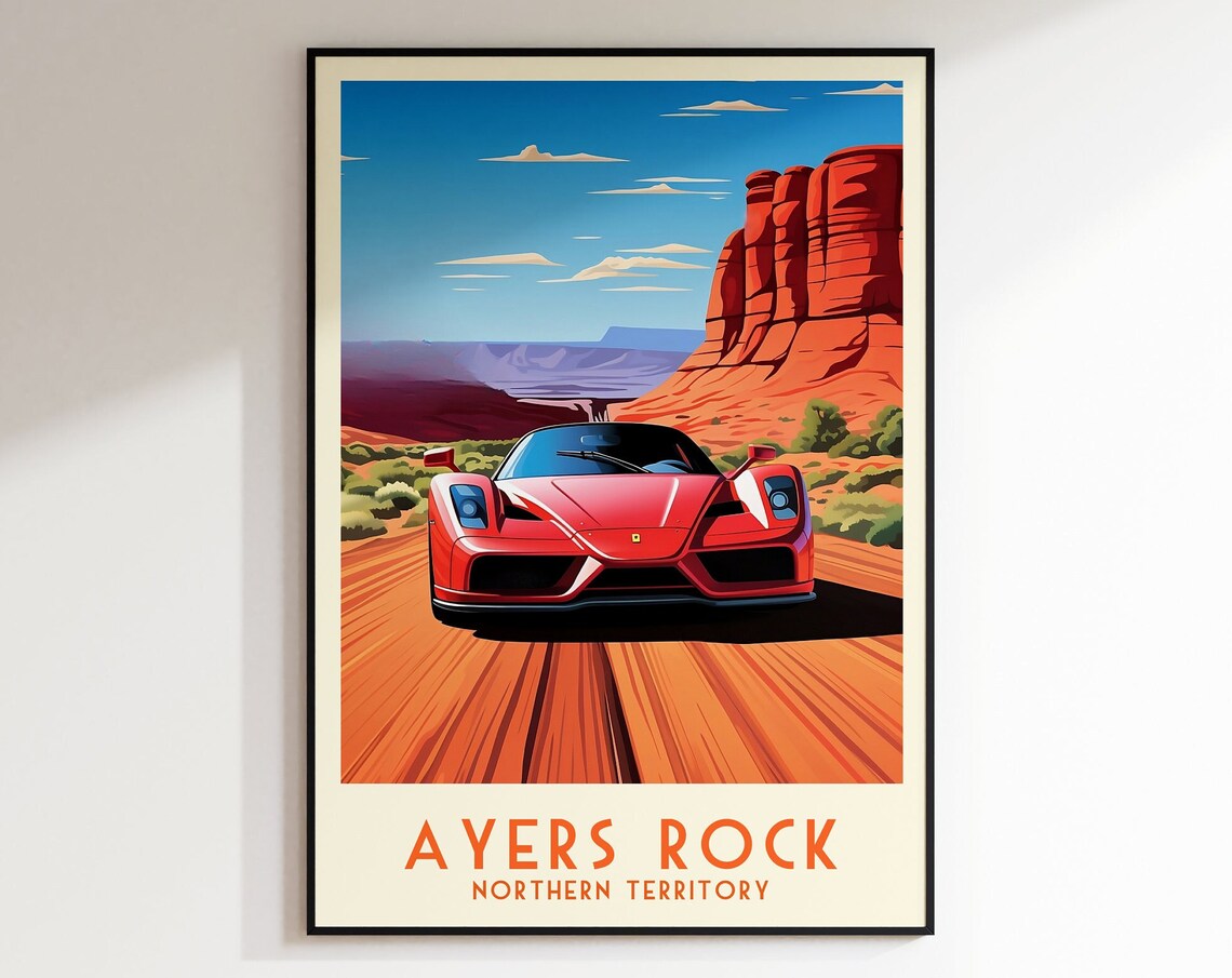Ayers Rock Australia Red Supercar Desert Road Vintage Travel Poster