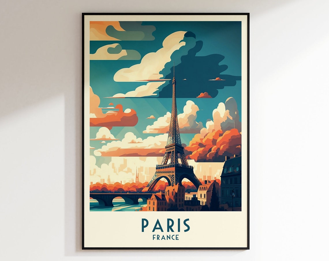 Paris France Eiffel Tower Dramatic Sunset Clouds Travel Poster