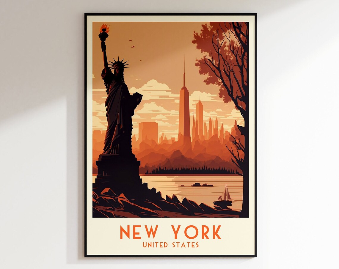 New York Statue of Liberty Sunset Vintage Retro Travel Poster - Image 4