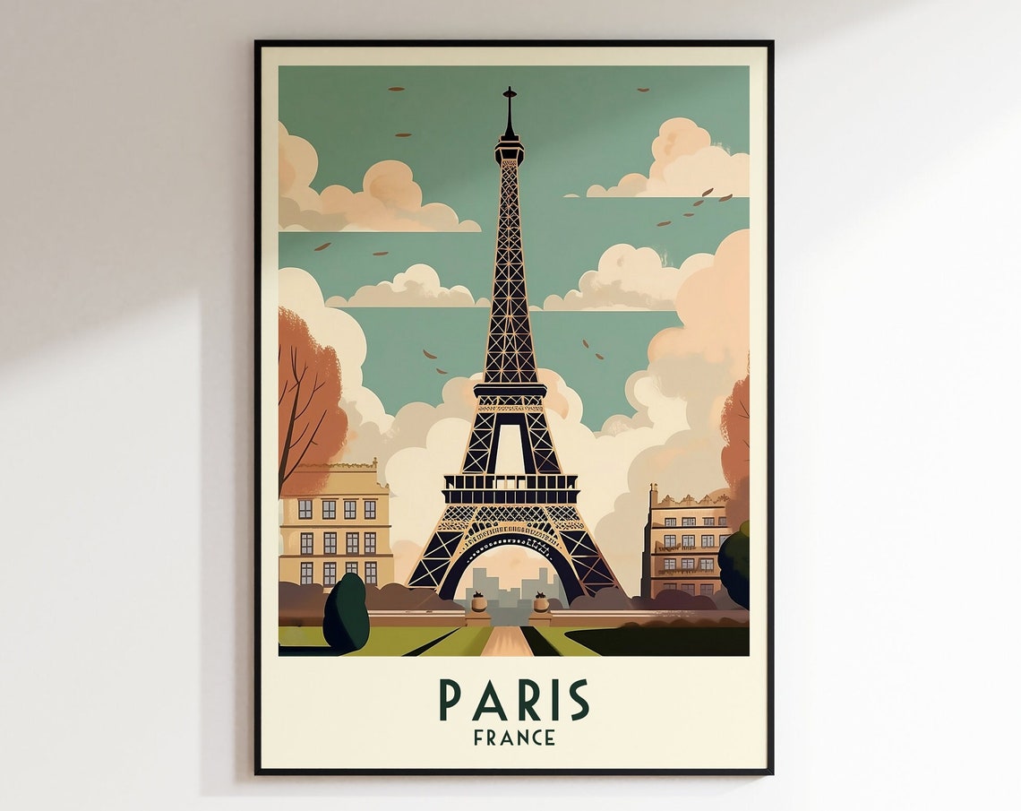 Paris France Eiffel Tower Cloudy Sky Vintage Retro Travel Poster
