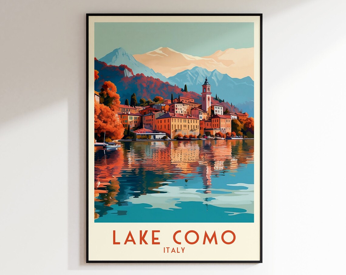Lake Como Italy Autumn Lakeside Town Mountains Vista Travel Poster