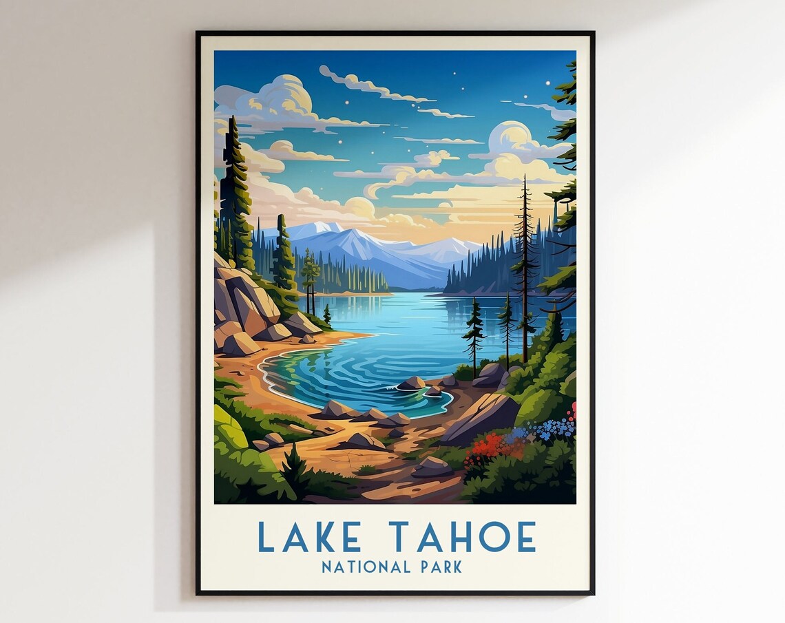 Lake Tahoe National Park Vintage Sunset Shoreline Scene Poster