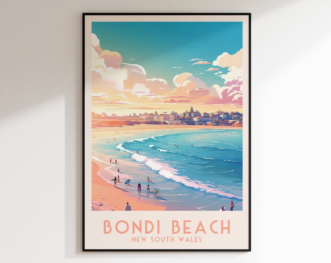 Bondi Beach New South Wales Surfers Sunset Waves Travel Poster